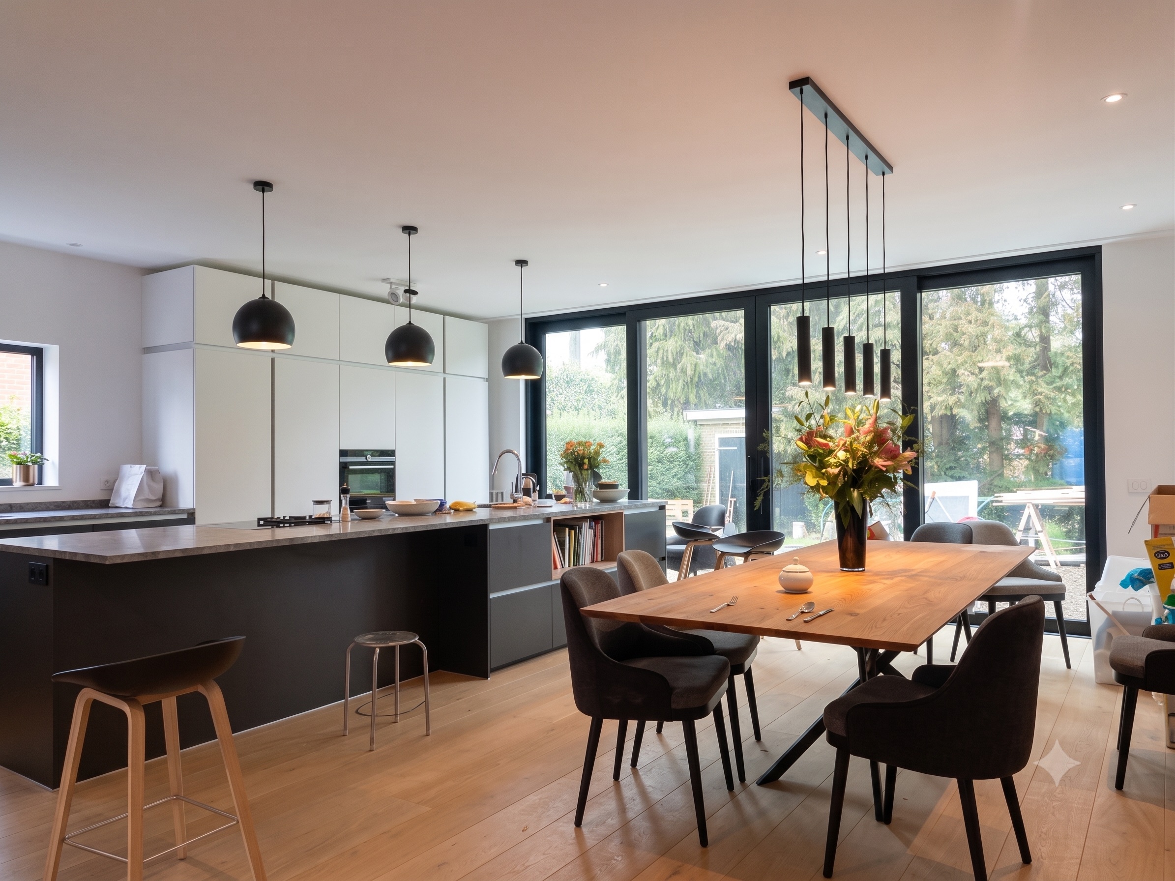 Luxe open leefkeuken met kookeiland en eethoek